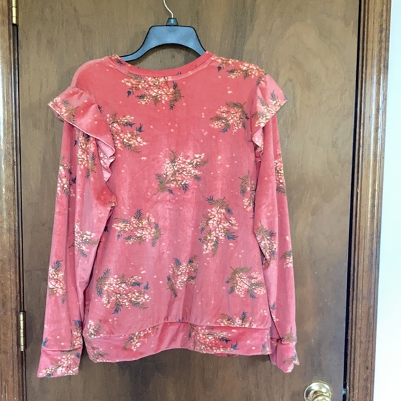 LC Lauren Conrad top floral print velvet w ruffle puff sleeve sweatshirt S M - Picture 9 of 15